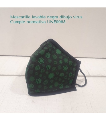 Mascarilla lavable tela negra con virus verdes