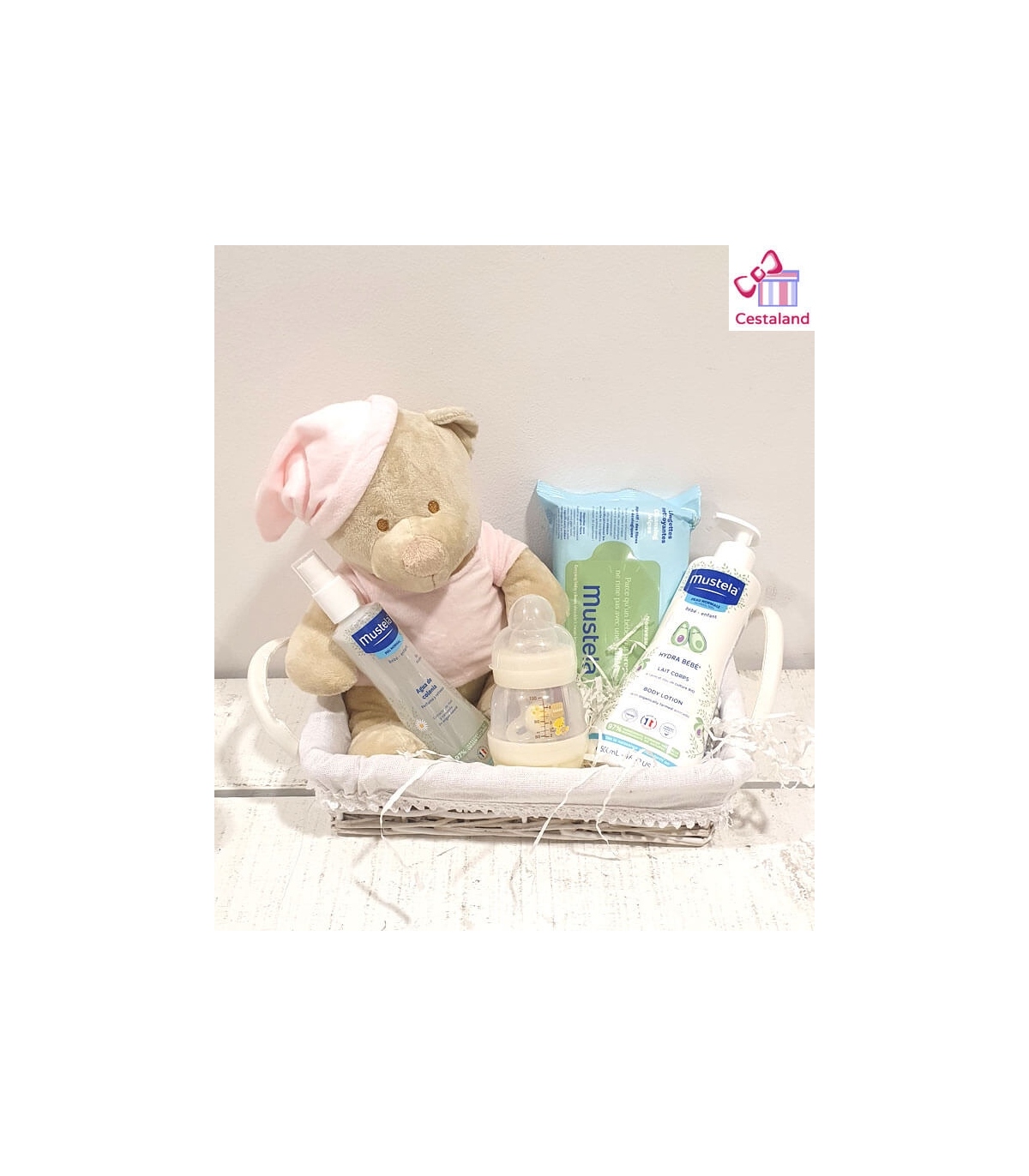 Canastilla para bebés mustela personalizable con oso peluche bordado